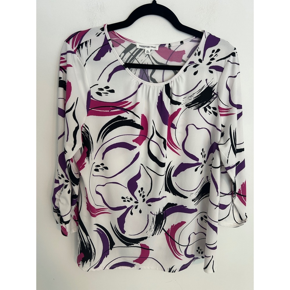 Perception Concept Womens XL Abstract Floral Blouse Purple‎ White 3/4 Sleeve Top